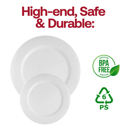 Round white disposable charger plates, 13-inch size, lightweight paper material, BPA-free