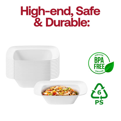 Rounded square white plastic dessert bowls, 5 oz, lightweight and disposable for convenient use, BPA-free