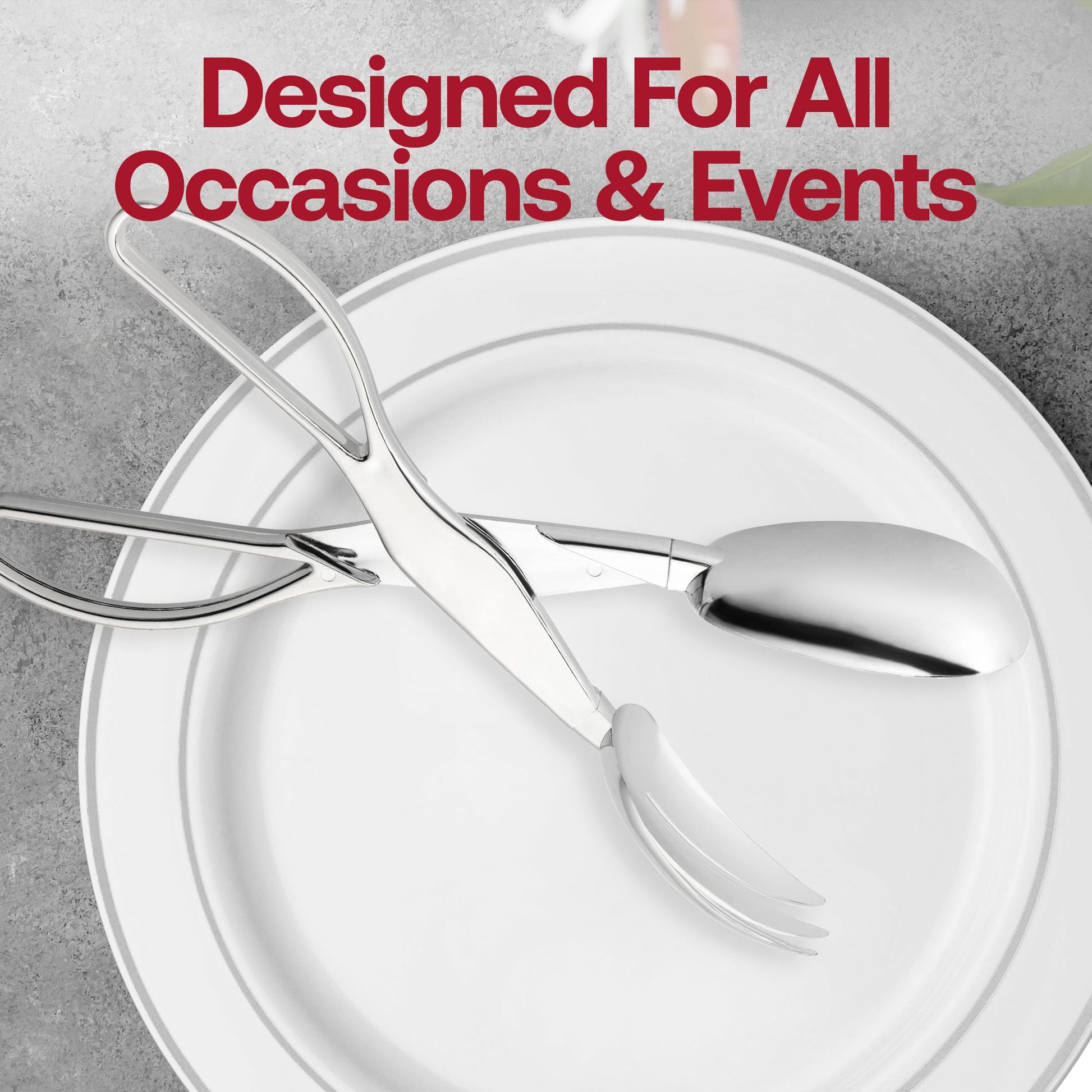 SKU 2640S shown with silver tongs alongside clear tongs, offering stylish options for serving food at any event