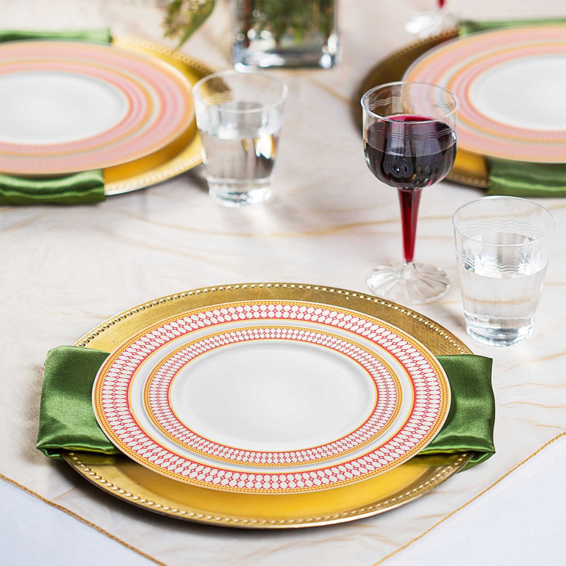 SKU 620BGVS20 with labeled appetizer and dinner plates, spoons, forks, knives, and cups from the White with Red and Gold Chord Rim Plastic Wedding Value Set