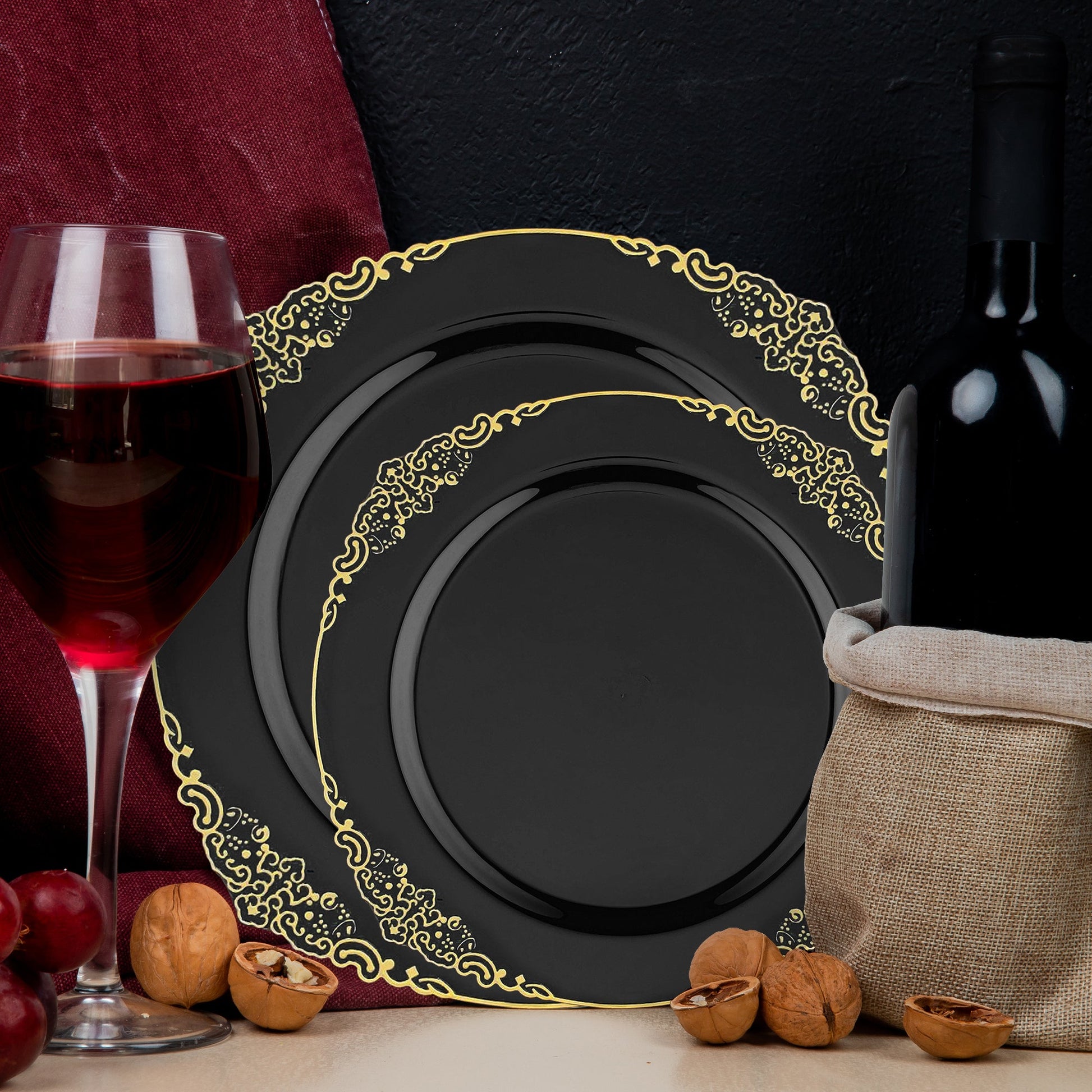 SKU 8880-BGVP shown with clearly labeled 7.5" and 10.25" plates from the complete Black with Gold Fancy collection