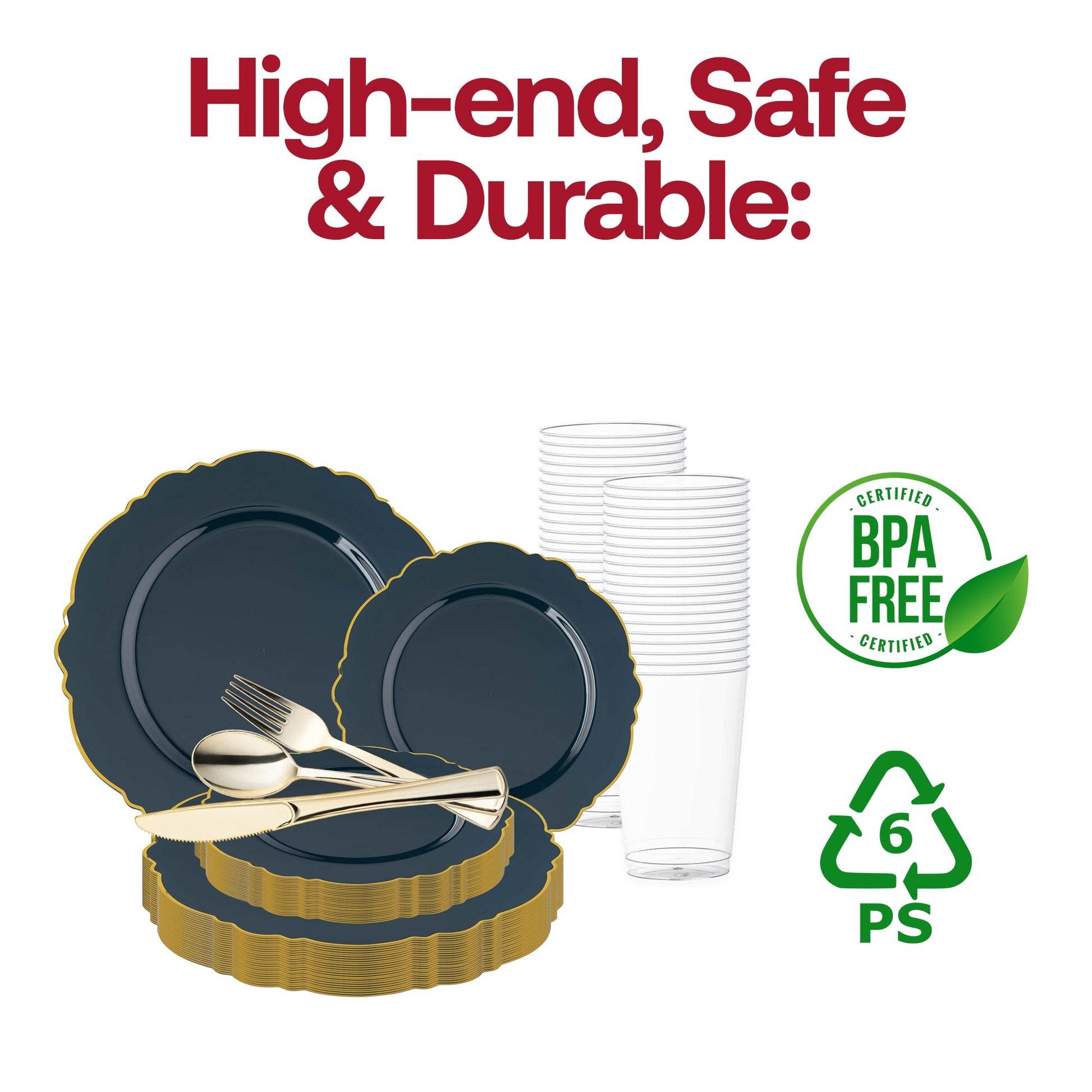 Set a sophisticated tone with the Navy with Gold Rim Round Blossom Disposable Plastic Wedding Value Set, perfect for upscale weddings and refined gatherings