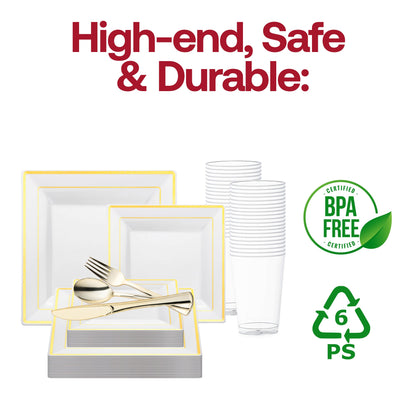 Set a sophisticated wedding table with the White with Gold Square Edge Rim Plastic Wedding Set, ideal for formal occasions