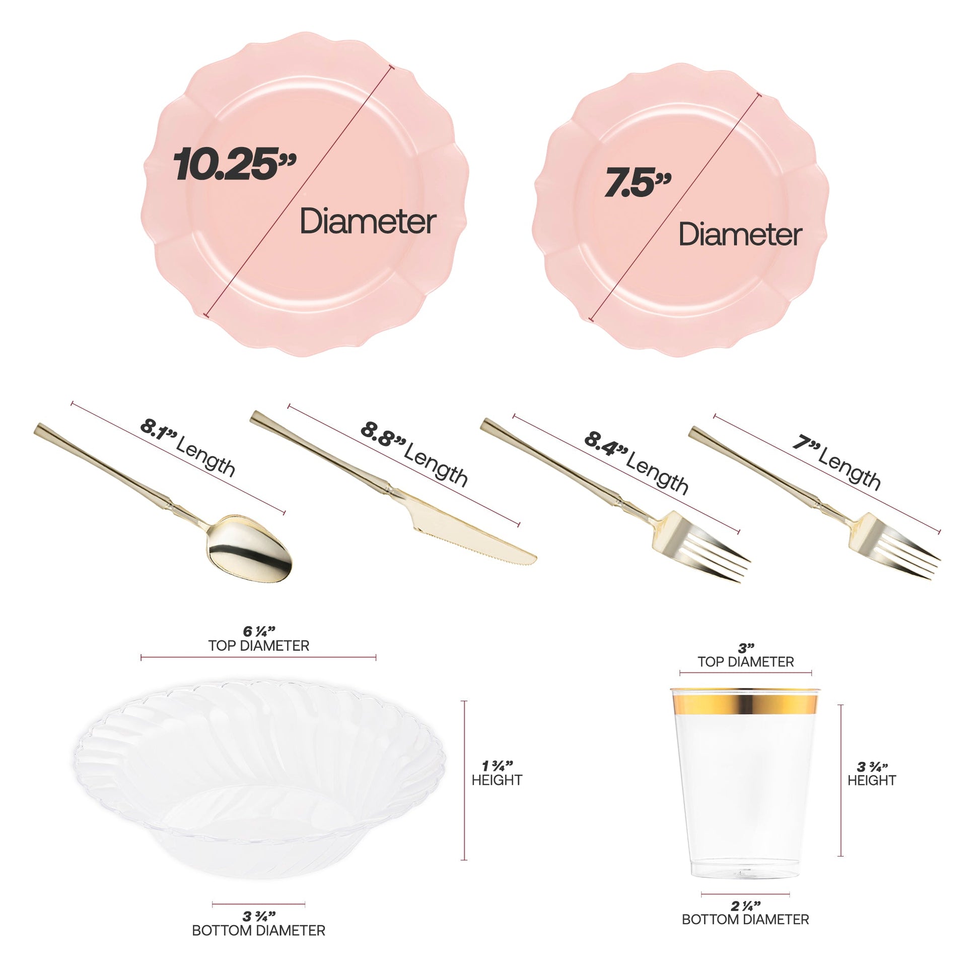 Set includes 10.25" dinner plates, 7.5" appetizer plates, 3.75" cups, 8.8" knives, 8.1" spoons, and two sizes of forks.