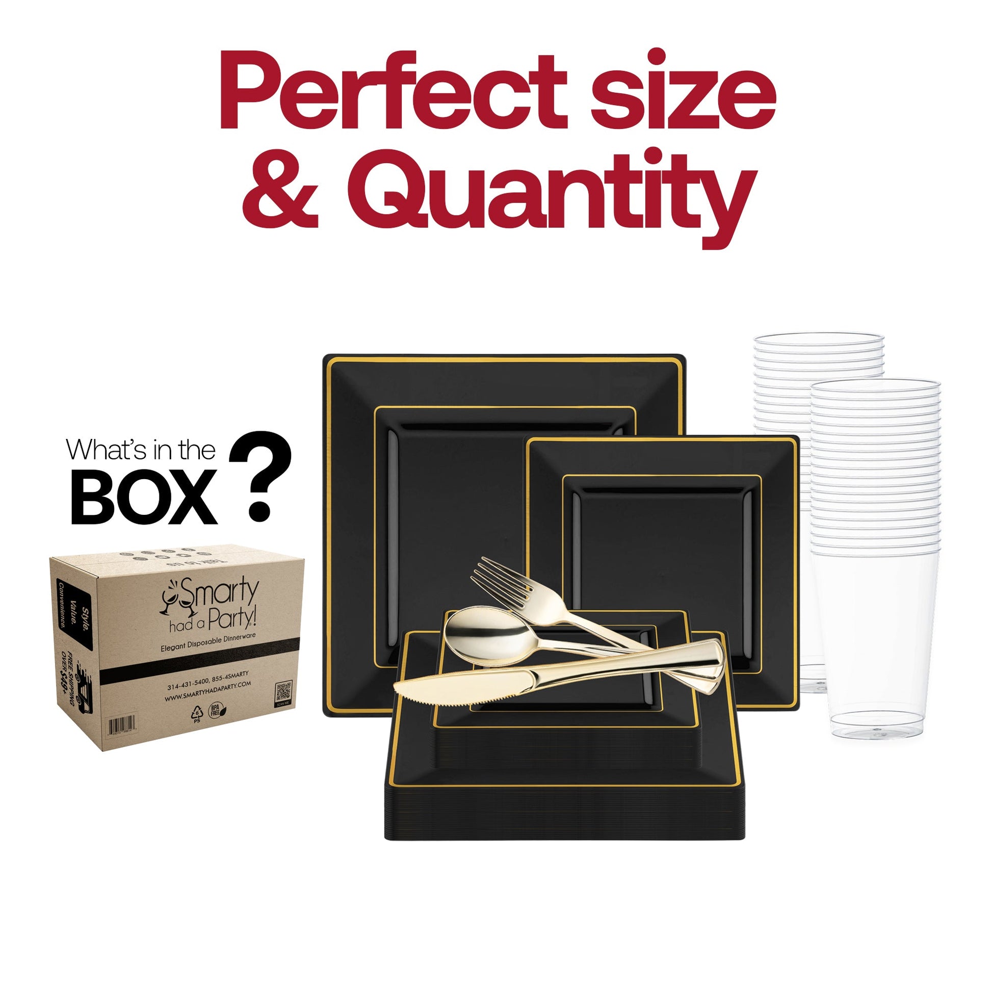 Set includes 9.5” dinner plates, 6.5” appetizer plates, 7.25” forks, 8” knives, 6.25” spoons, and 4.5” cups