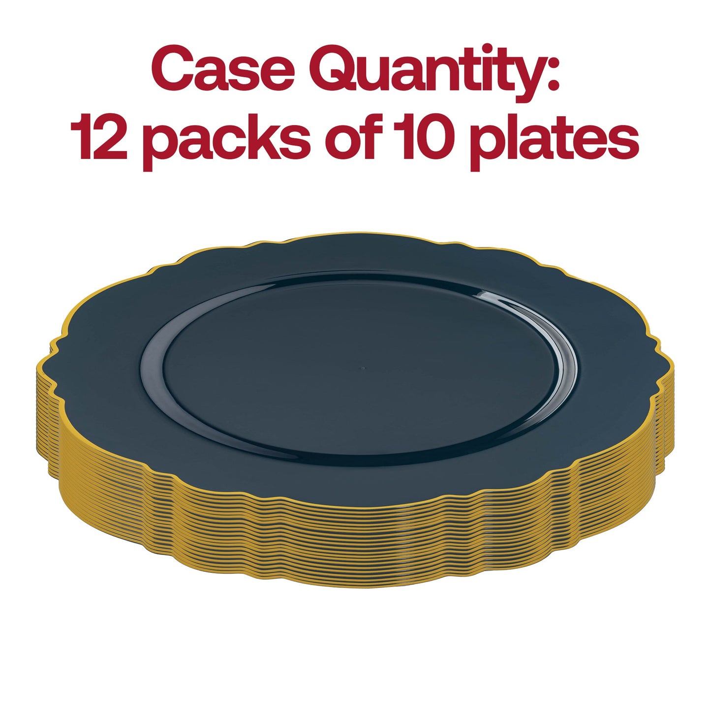 Set of 120 navy blue plastic dinner plates featuring an elegant gold rim and blossom-style edge