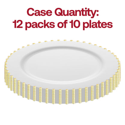 Set of 120 white plastic salad plates featuring an elegant gold pearl string border