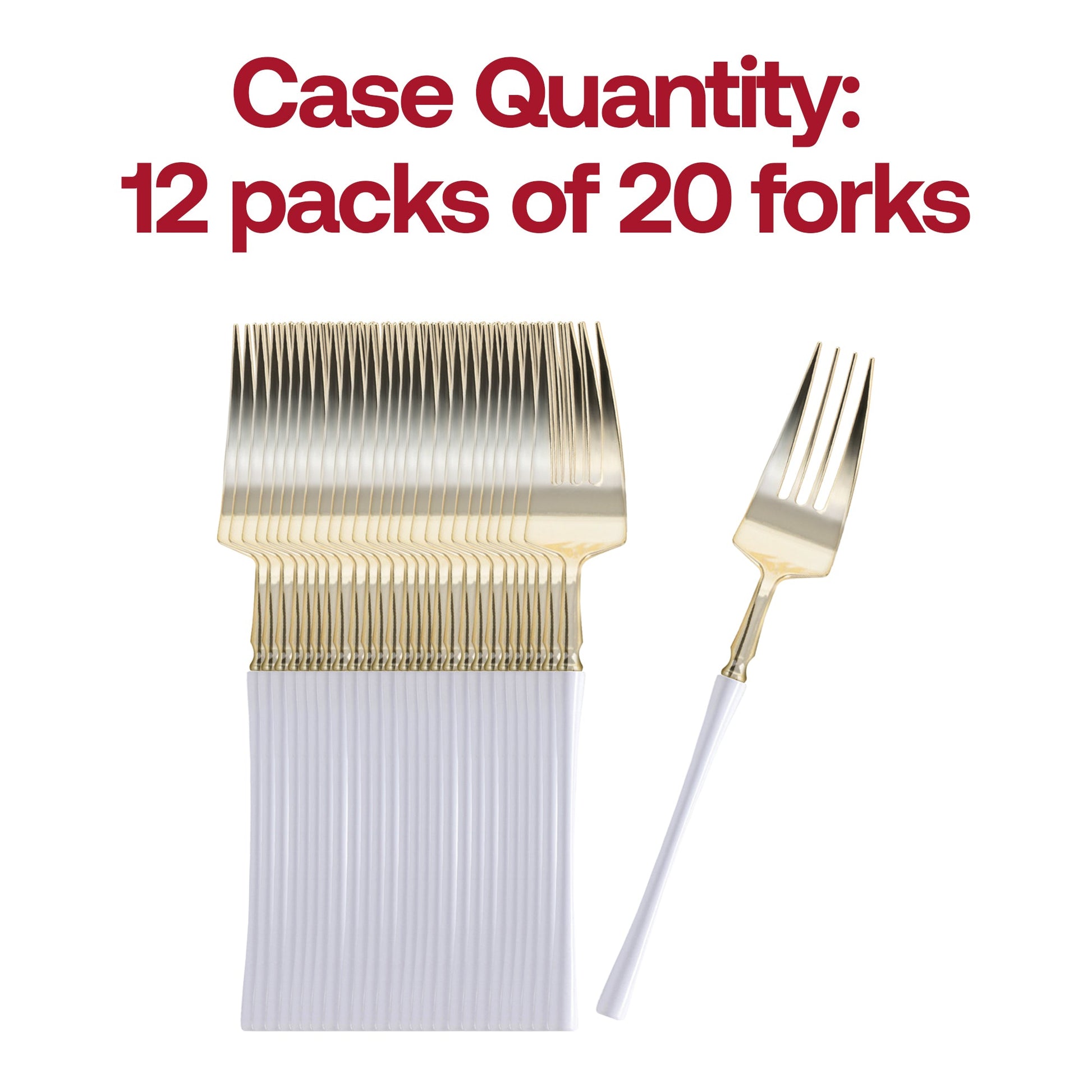 Set of 240 disposable plastic dinner forks with stylish gold accents and white handles, suitable for easy cleanup at events
