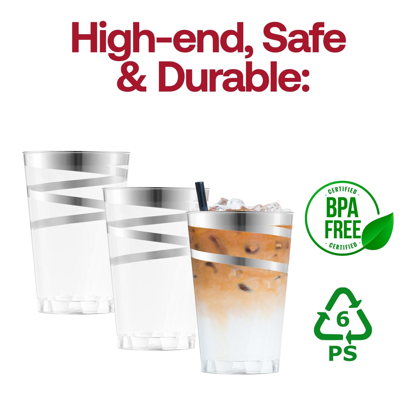 Set of 240 round clear plastic tumblers featuring a silver swirl pattern, 12 oz capacity