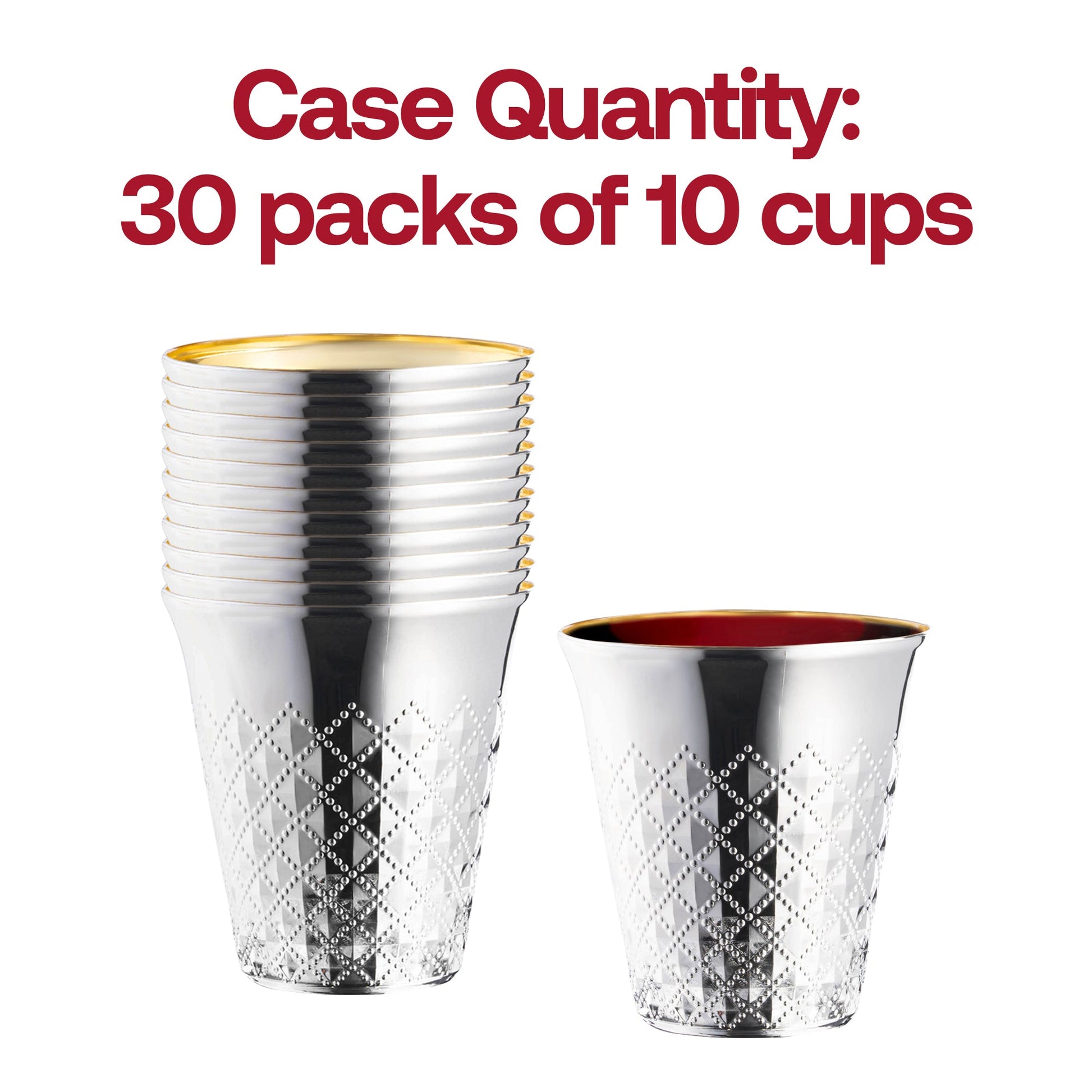 Set of 300 silver plastic Kiddush cups featuring a sleek metallic aluminum-style finish, 5-ounce capacity, perfect for ceremonies