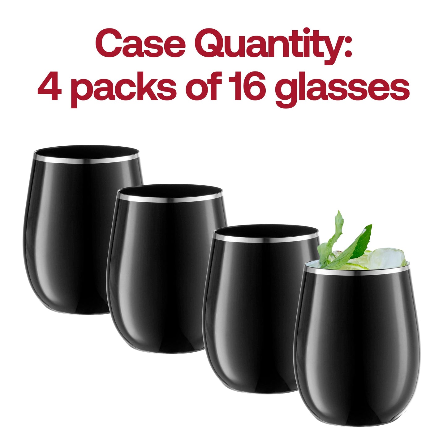 Set of 64 black plastic stemless wine glasses featuring a stylish silver design, 12-ounce capacity, perfect for events