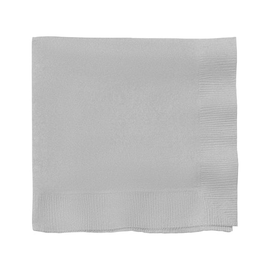 Shimmering silver paper cocktail napkins, 10" x 10", soft, absorbent, and stylish, ideal for serving drinks and appetizers.