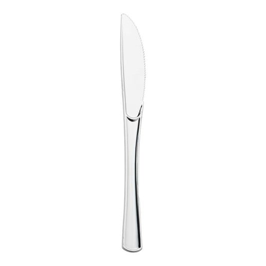 Shiny Metallic Silver Plastic Knives bring a sleek, sophisticated look to formal dinners, weddings, and elegant events