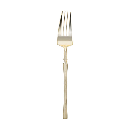Shiny gold Moderno disposable plastic dessert forks, 7 inches long, with a sleek contemporary design; case of 240