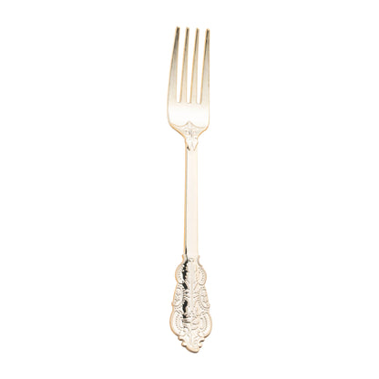 Shiny gold baroque plastic forks, 7.4 inches, 600-pack – Elegant disposable forks with intricate baroque detailing and a reflective gold finish.