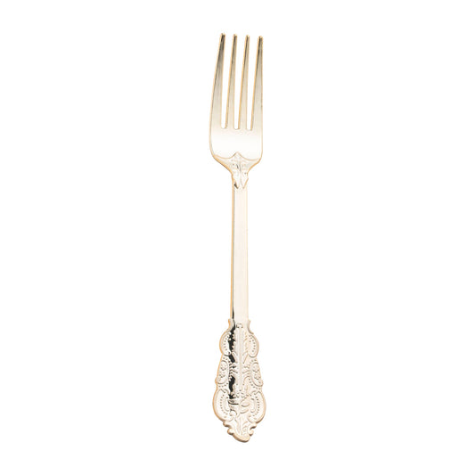 Shiny gold baroque plastic forks, 7.4 inches, 600-pack – Elegant disposable forks with intricate baroque detailing and a reflective gold finish.