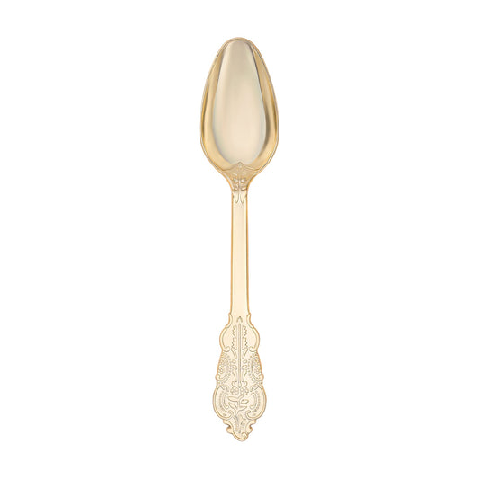 Shiny metallic gold baroque plastic cutlery set with a sophisticated antique-inspired design, perfect for 600 guests.