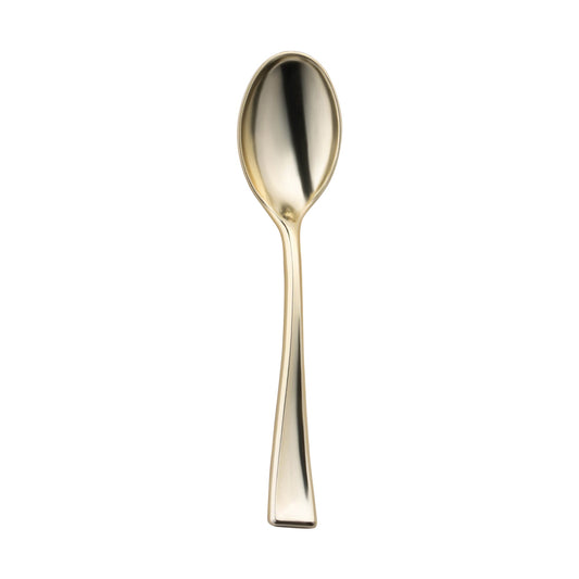 Shiny metallic gold mini plastic tasting spoon, 4 inches long, perfect for desserts and appetizers, case of 600.