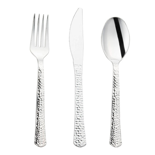 Shiny metallic silver hammered plastic cutlery set, ranging from 6.75” to 7.75”, perfect for upscale dining experiences
