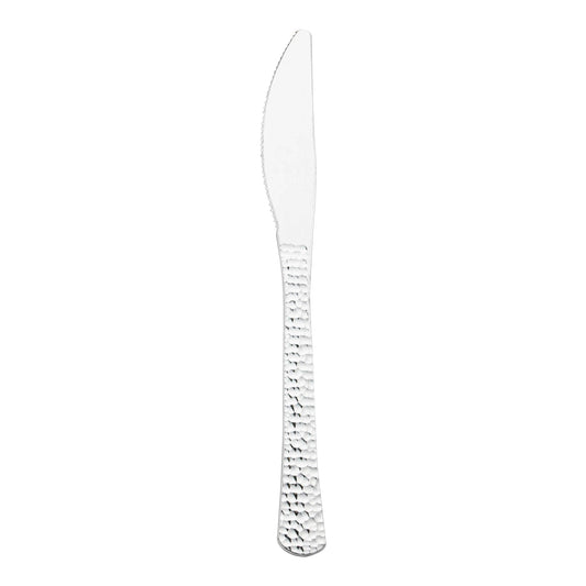 Shiny metallic silver hammered plastic knives, 7.75 inches, 1000-pack – Durable disposable knives with a textured hammered handle and a reflective silver finish.