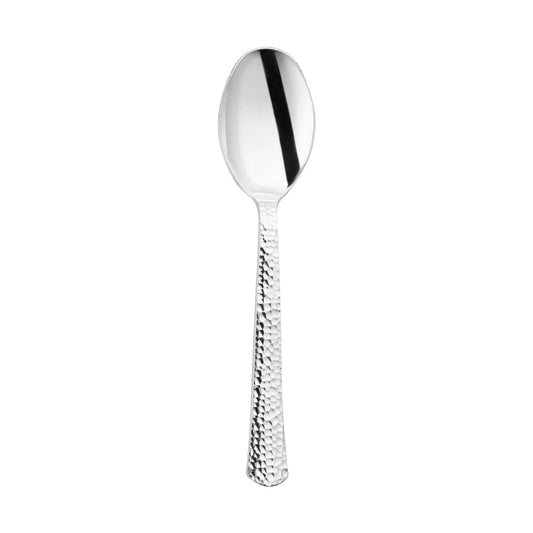 Shiny metallic silver hammered plastic spoons, 6.75 inches, 1000-pack – Durable disposable spoons with a textured hammered handle and a reflective silver finish.