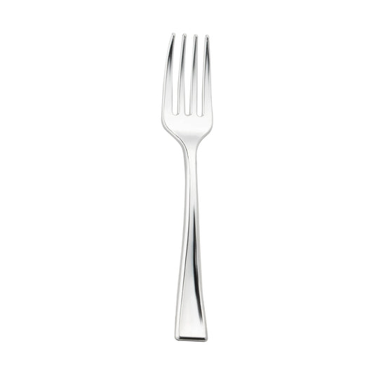 Shiny metallic silver mini plastic tasting fork, 4 inches long, perfect for appetizers and desserts, case of 960