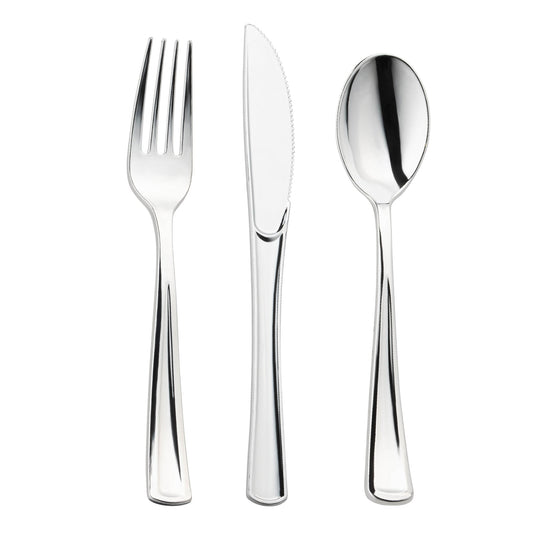 Shiny metallic silver plastic cutlery combo set for 120 guests, including forks, knives, and spoons with a sleek finish
