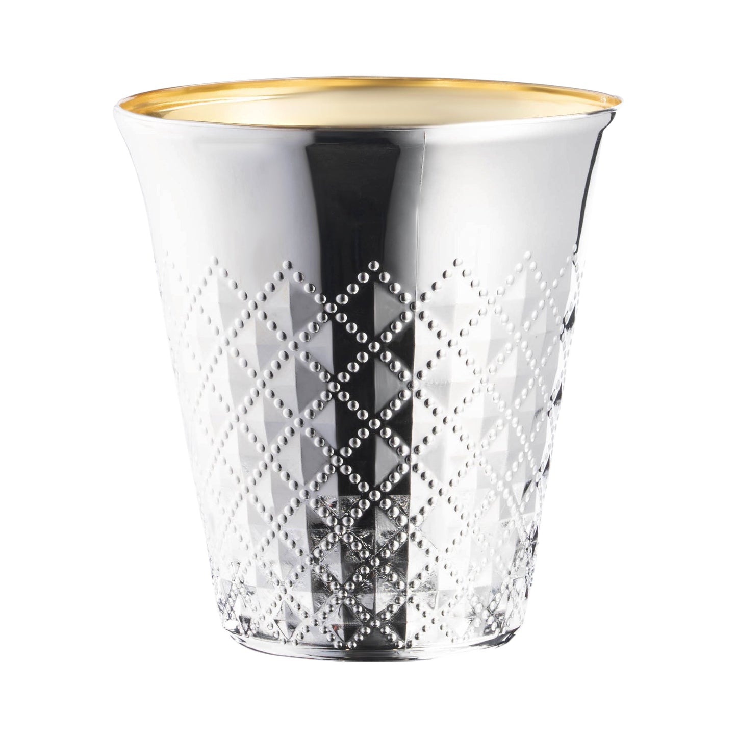 Shiny metallic silver round plastic Kiddush cup with an aluminum-like finish, 5 oz capacity