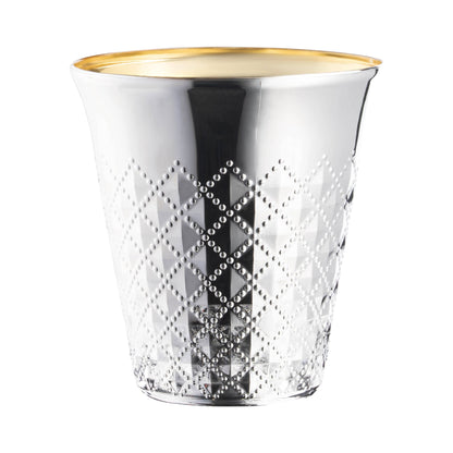 Shiny metallic silver round plastic Kiddush cup with an aluminum-like finish, 5 oz capacity