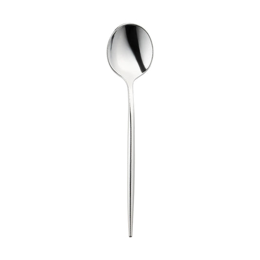 Shiny silver Moderno disposable plastic dessert spoons, 7 inches long, stylish and durable, perfect for events, case of 300