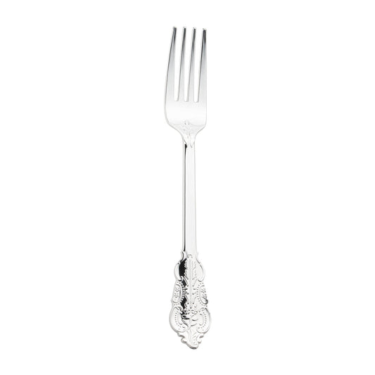 Shiny silver baroque plastic forks, 7.4 inches, 600-pack – Elegant disposable forks with intricate baroque detailing and a reflective silver finish.