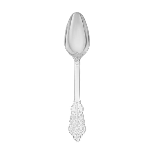 Shiny silver baroque plastic spoons, 7.3 inches, 600-pack – Elegant disposable spoons with intricate baroque detailing and a reflective silver finish.