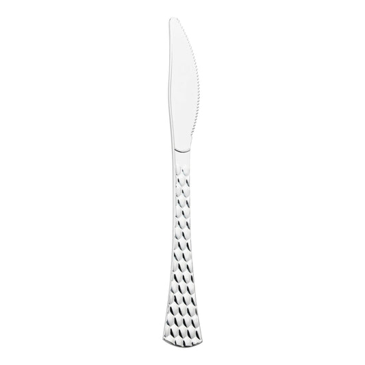 Shiny silver glamour disposable plastic knives, 7.5 inches long, elegant and durable, perfect for events and catering