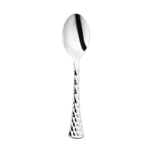 Shiny silver glamour disposable plastic spoons, 7 inches long, sold in a bulk case of 600 spoons