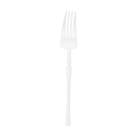 Shiny white Moderno disposable plastic dessert forks, 7", case of 240, featuring a sleek modern design for elegant dining