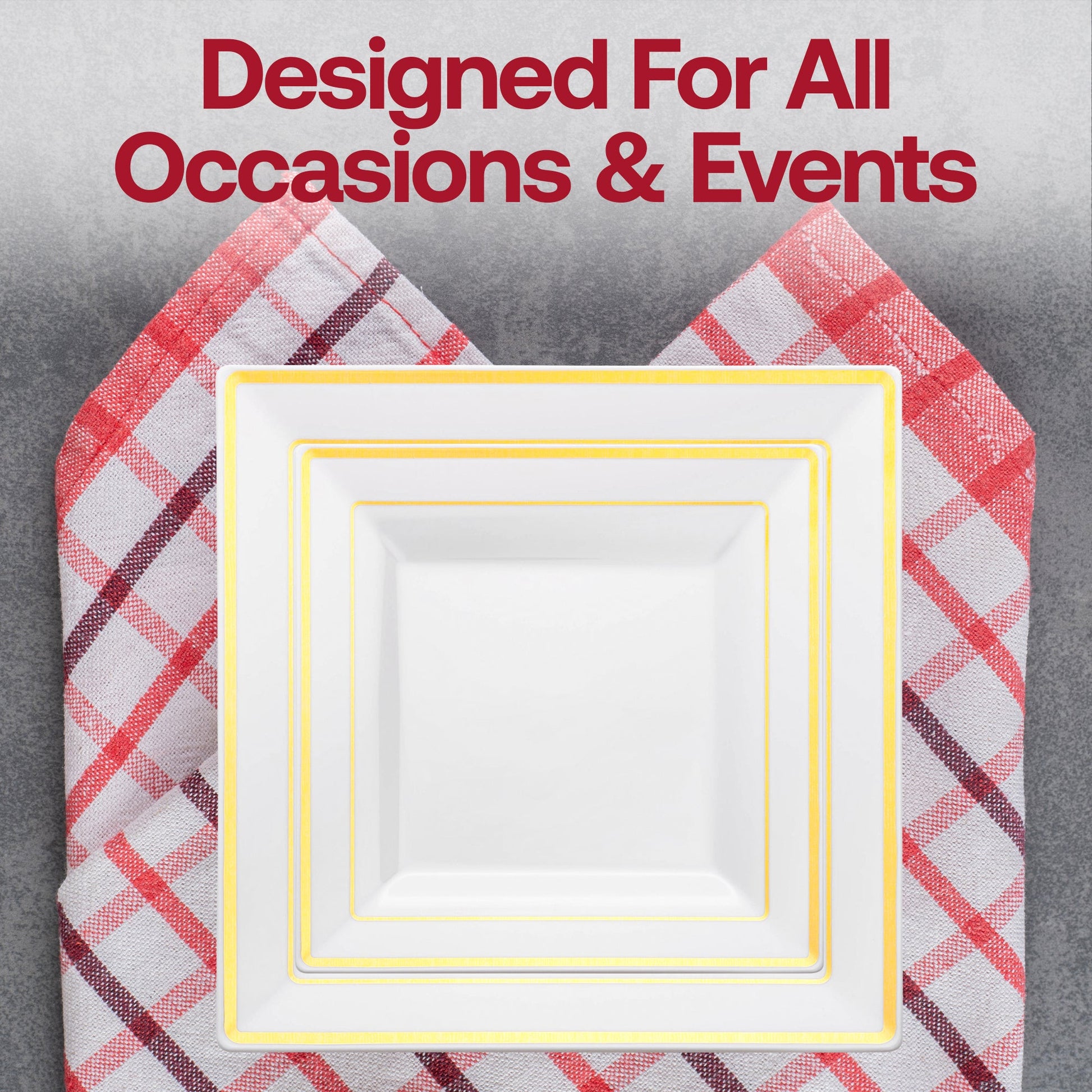 Showcase a stylish event display with the White with Gold Square Edge Rim Plastic Wedding Set, perfect for upscale gatherings