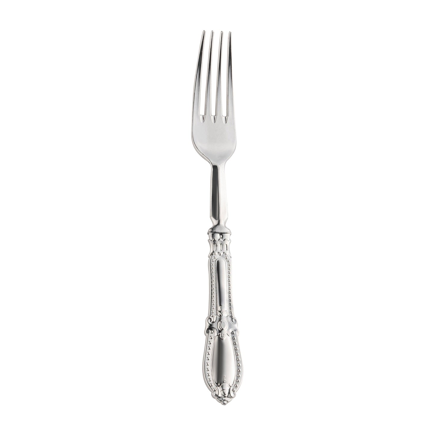 Silver Baroque disposable plastic dinner forks, 8 inches long, available in a bulk case of 240