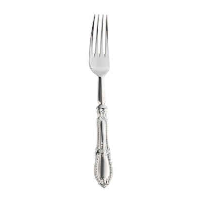 Silver Baroque disposable plastic dinner forks, 8 inches long, available in a bulk case of 240
