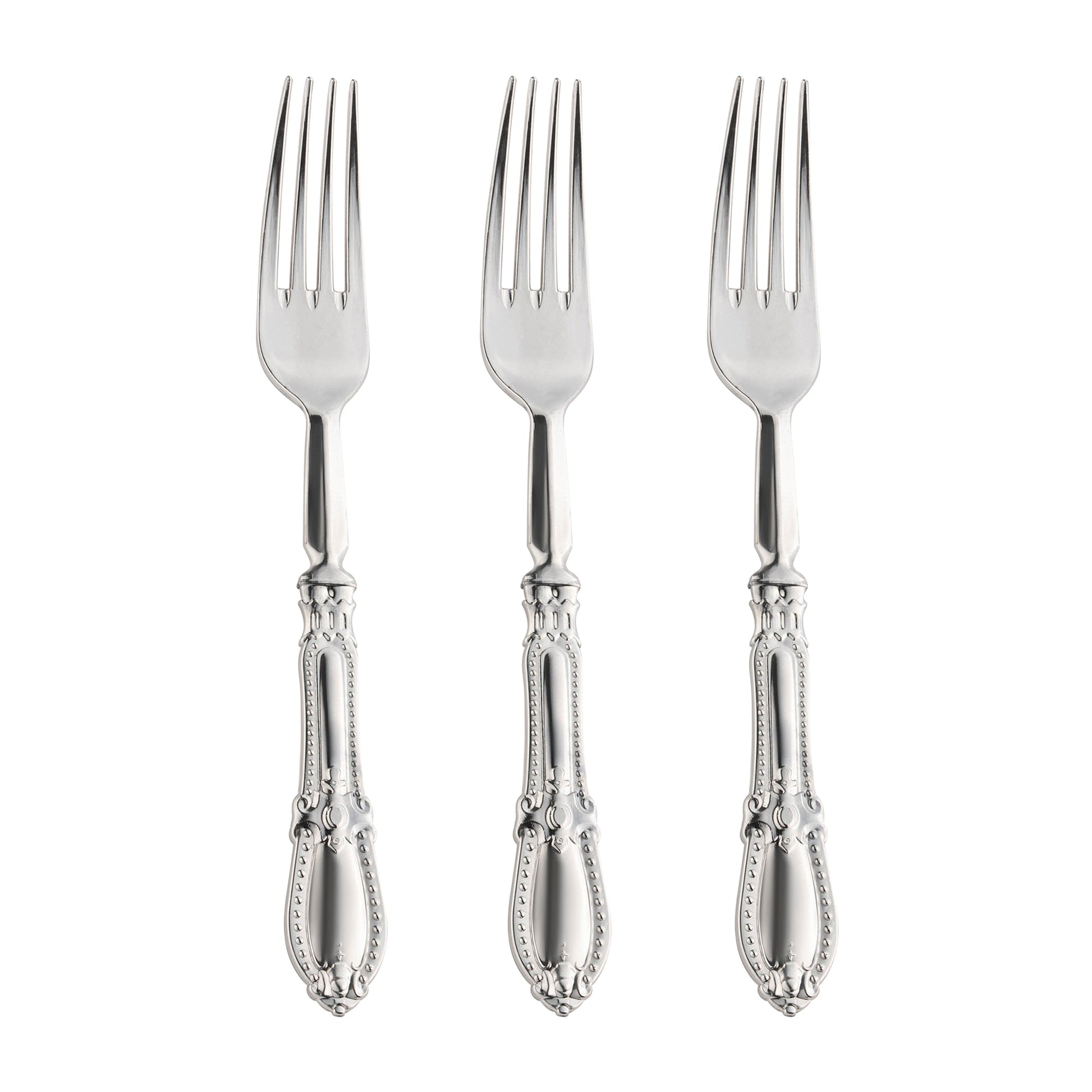 Silver Baroque plastic dinner forks, strong enough for meats and pasta, perfect for any occasion