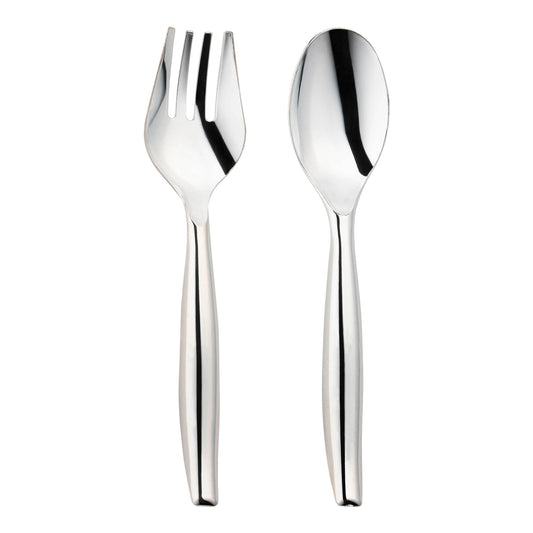 Silver disposable plastic serving flatware set, durable and elegant, perfect for catering, buffets, and special events