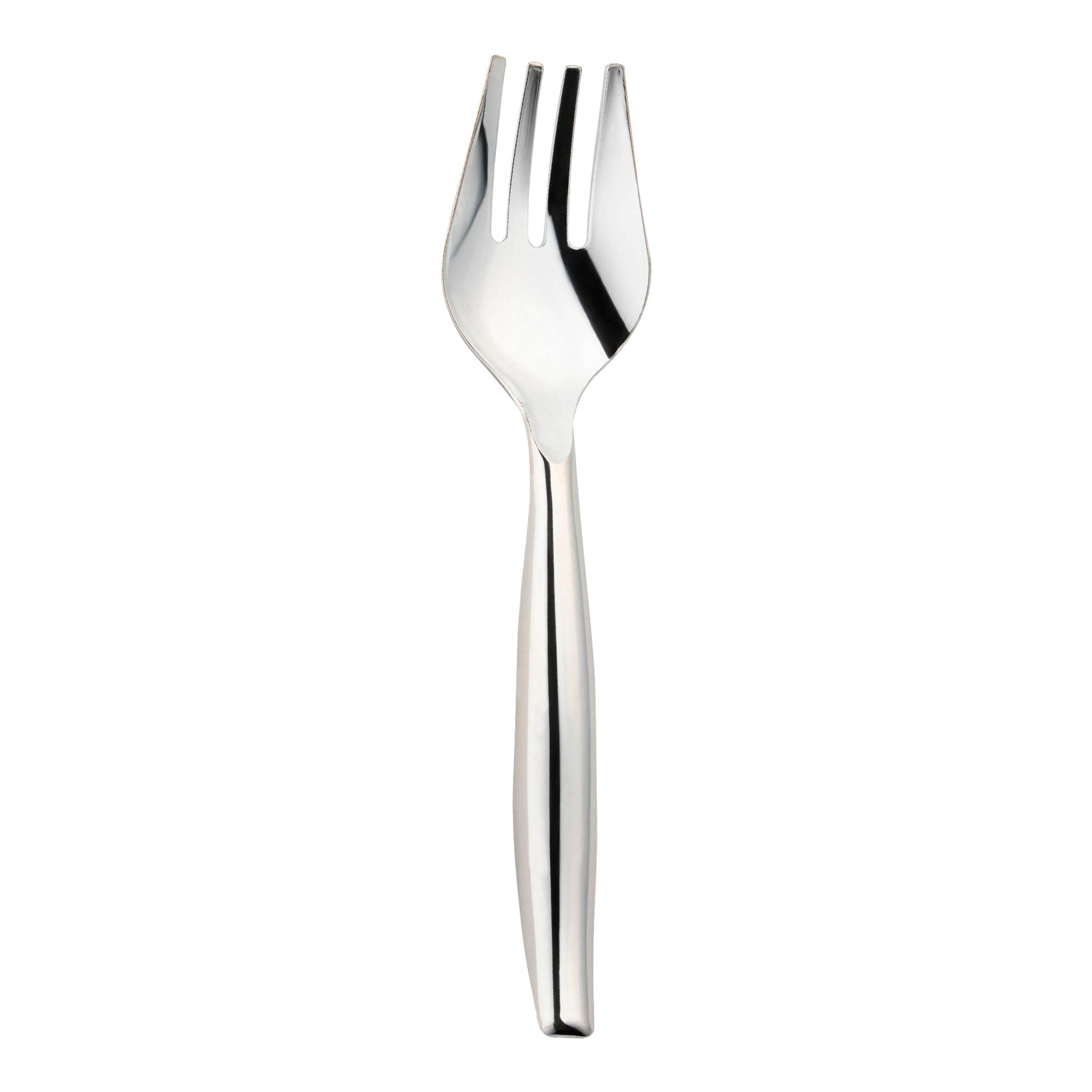 Silver disposable plastic serving forks, 9.75 inches long, perfect for buffets and catering