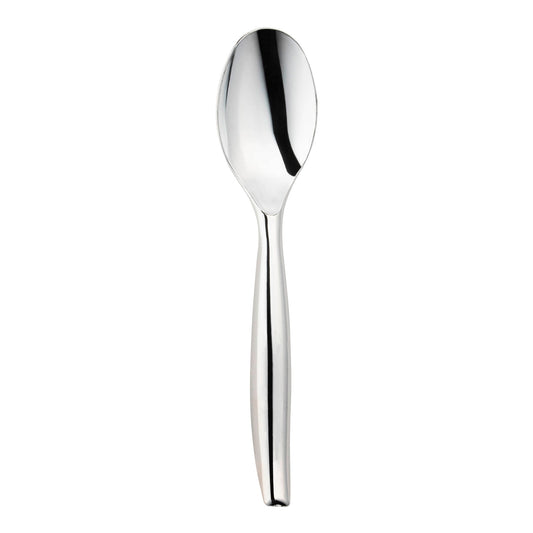 Silver disposable plastic serving spoons, 9.75 inches long, perfect for buffets and catering