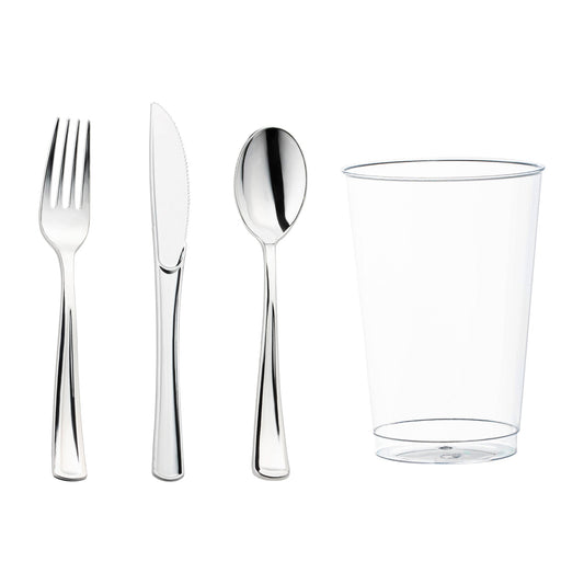 Silver disposable set includes forks, knives, spoons, and cups for elegant table settings