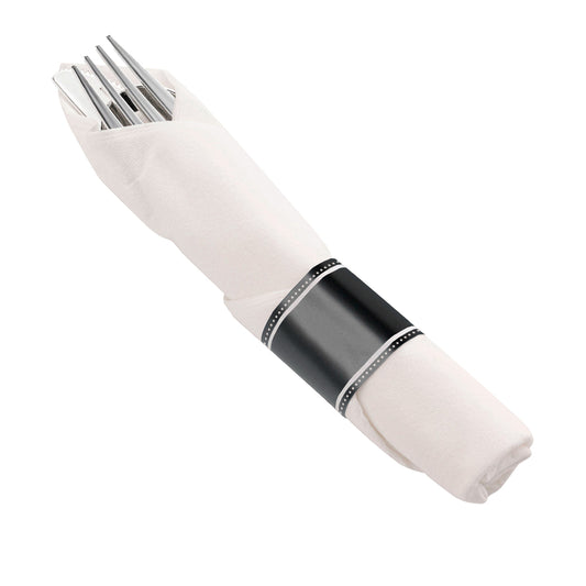 Silver plastic cutlery wrapped in white napkin rolls, perfect for events and catering
