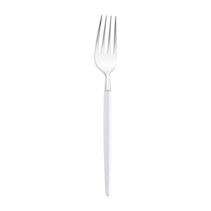 Silver plastic dinner forks with disposable convenience, featuring sleek white handles, available in 240-pack