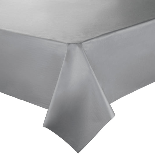 Silver rectangular disposable plastic tablecloth measuring 54 x 108 inches, ideal for parties and events, sold in a 96-pack.