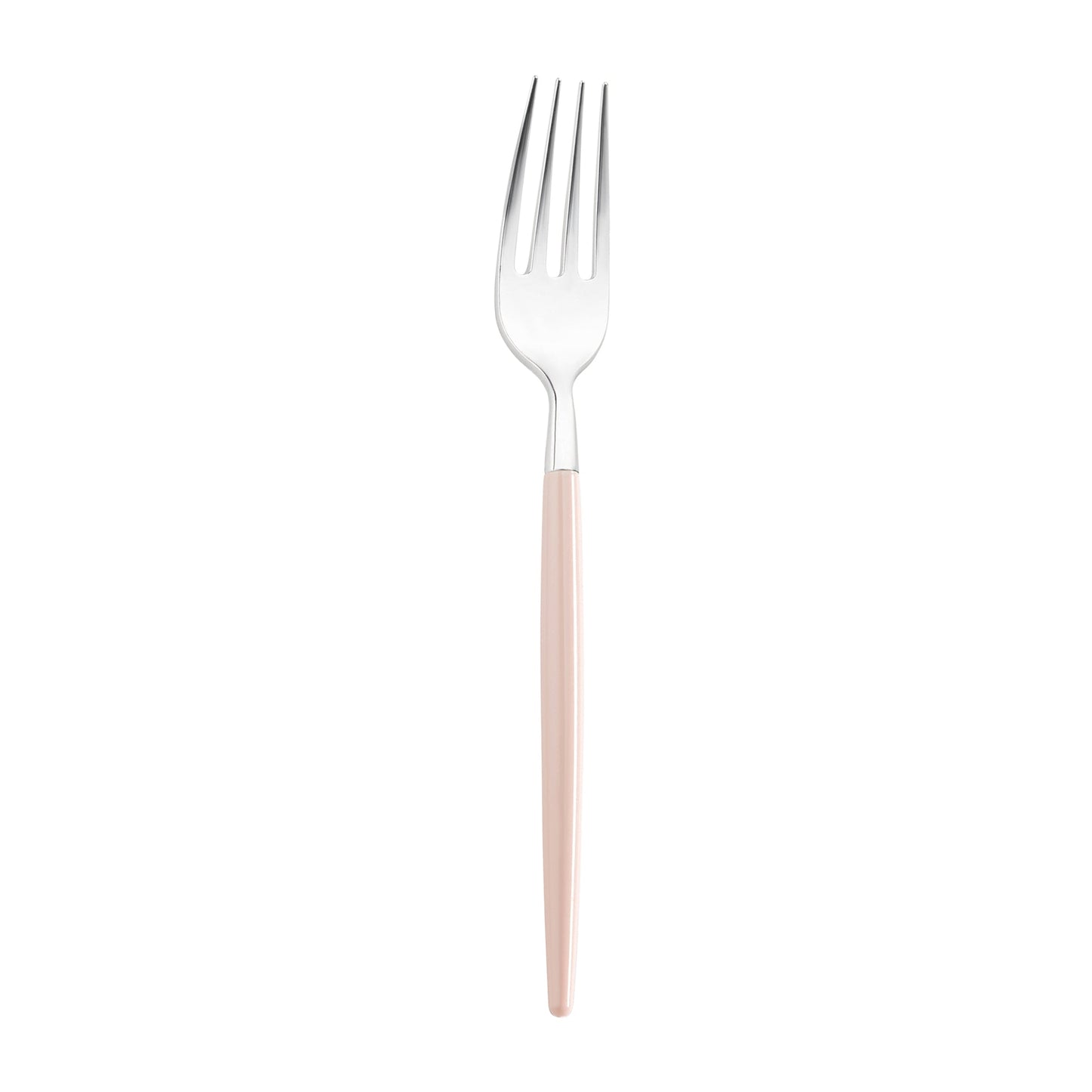 Silver with pink handle Moderno disposable plastic dinner forks, 8 inches long, featuring a sleek modern design, case of 240