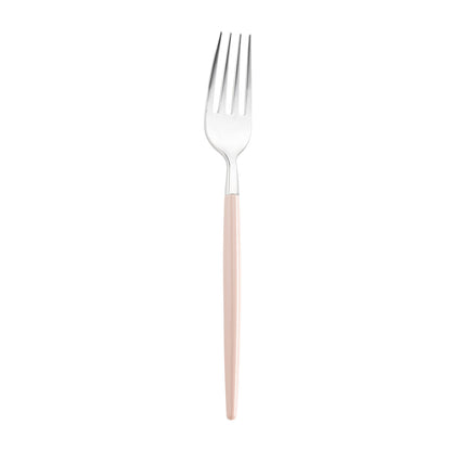 Silver with pink handle Moderno disposable plastic dinner forks, 8 inches long, featuring a sleek modern design, case of 240