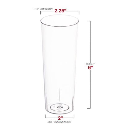 Sleek 10 oz clear plastic cups with a high ball round design, disposable for easy cleanup