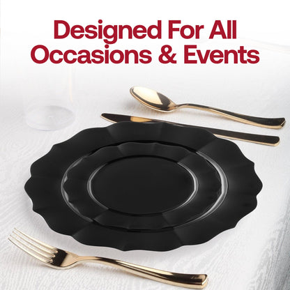 Sleek black round dinner plates with a lotus motif, crafted from plastic, 10.25 inches wide, ideal for hosting events